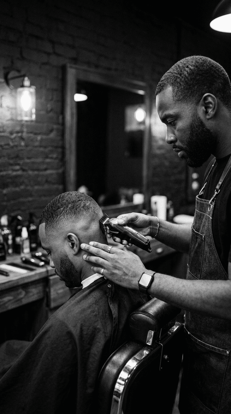 Barber giving a precision fade haircut at Soto Time Cuts